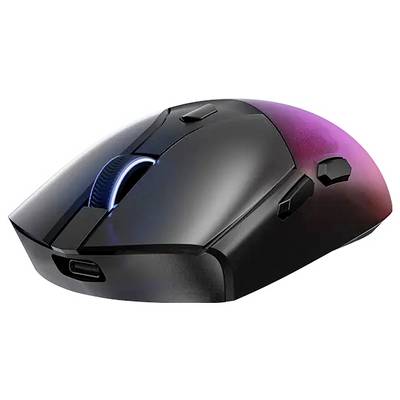 Elegantní černá herní myš s modrým LED osvětlením a bočními tlačítky, navržená pro ergonomický komfort a zvýšený výkon.