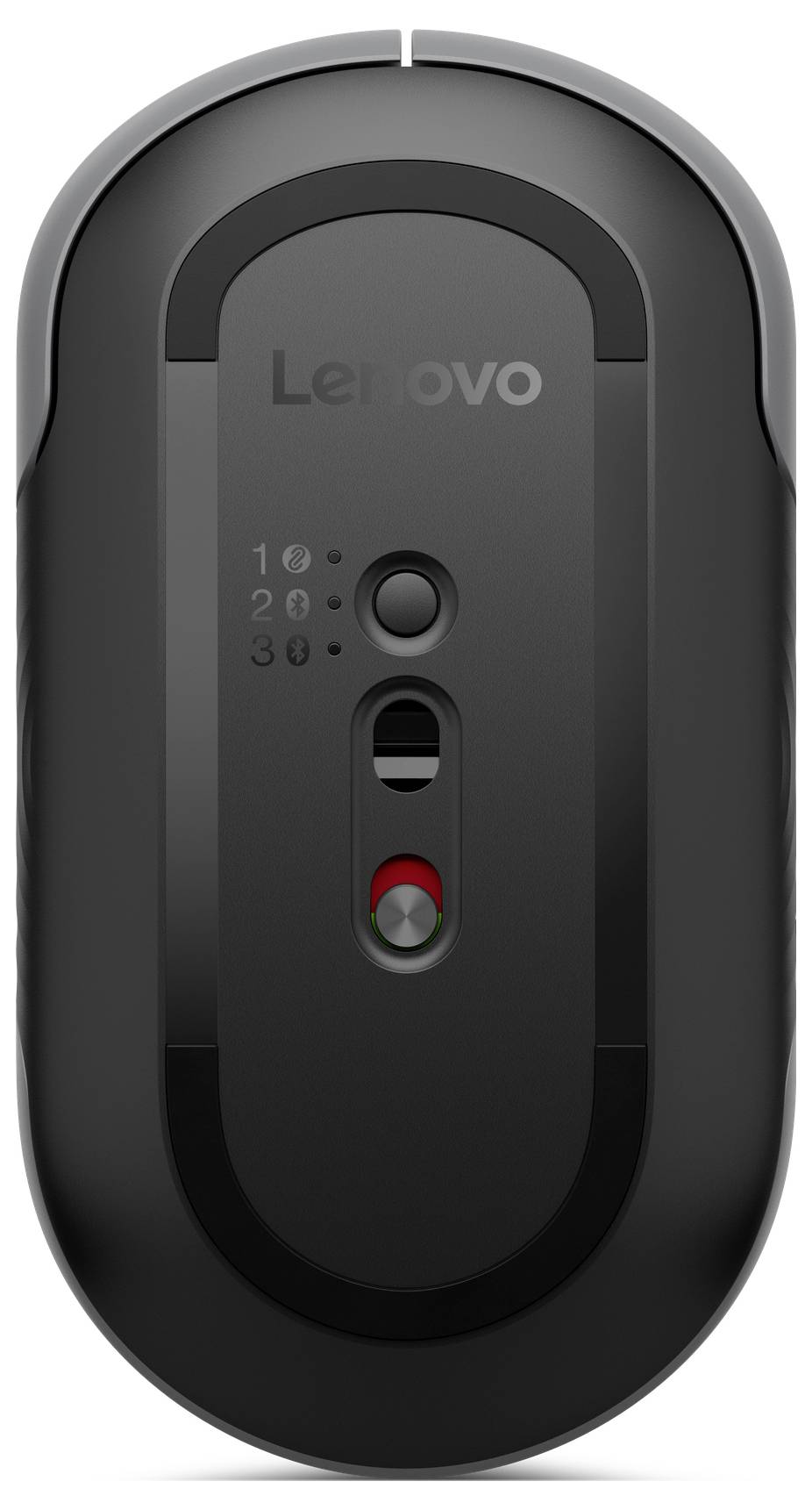 Černá počítačová myš zobrazující její spodní stranu s logem Lenovo, vypínačem napájení a červeným optickým senzorem.