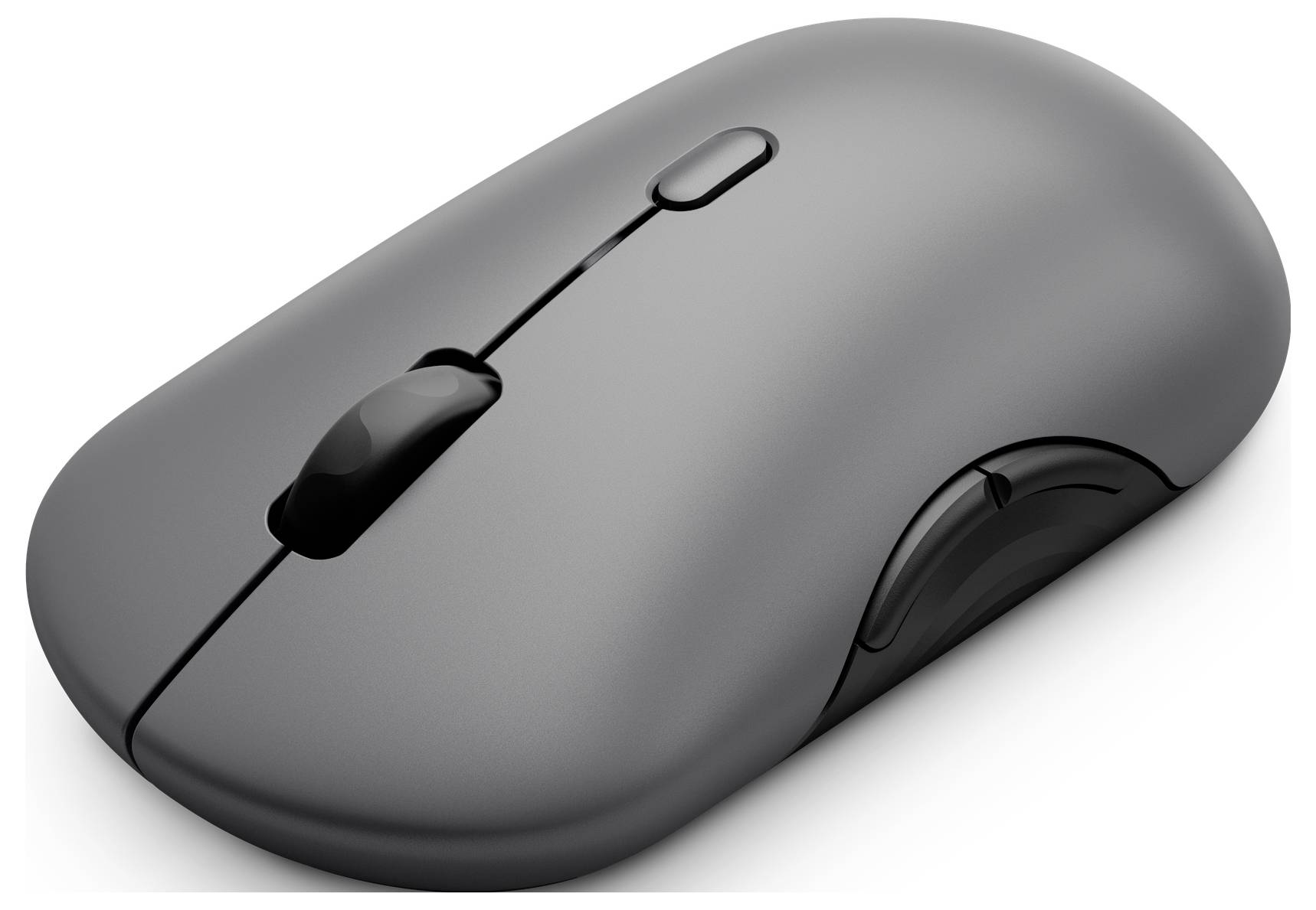 Elegantní šedá počítačová myš s kolečkem pro posun a dvěma tlačítky, navržená pro ergonomické používání a bezdrátové připojení.