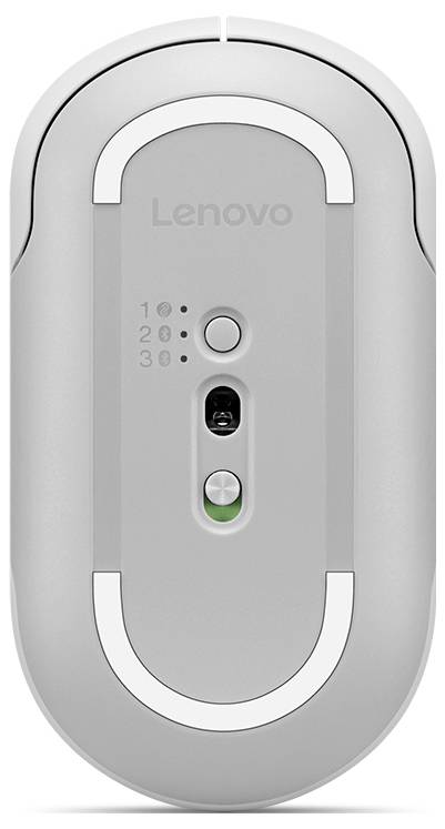 Pohled na spodní stranu myši Lenovo zobrazující senzor, vypínač napájení a nastavení DPI „1", „2" a „3".