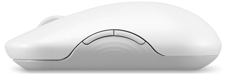 Bílá, elegantní počítačová myš zobrazená ze strany s vyraженou zakřivenou, ergonomickou konstrukcí, viditelnýmkolečkem pro rolování a dvěma tlačítky.