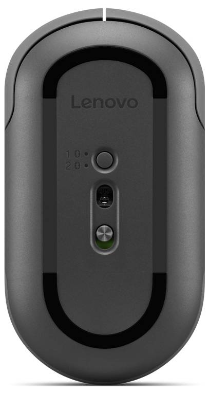 Šedá bezdrátová myš Lenovo je zobrazena vzhůru nohama, čímž je zdůrazněn její spodní pohled s centrálním senzorem zapnutí/vypnutí a malým obdélníkovým tlačítkem.