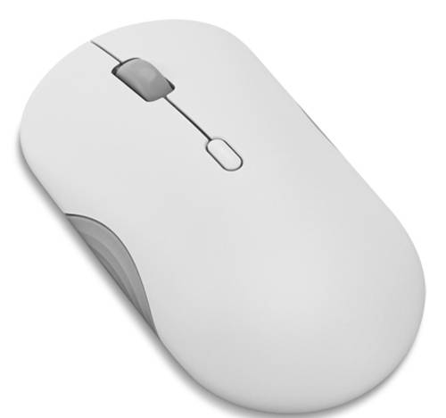 Bílá bezdrátová počítačová myš s kolečkem pro posouvání, pohled zeshora na rovném povrchu, který ukazuje jednoduchý a elegantní design.