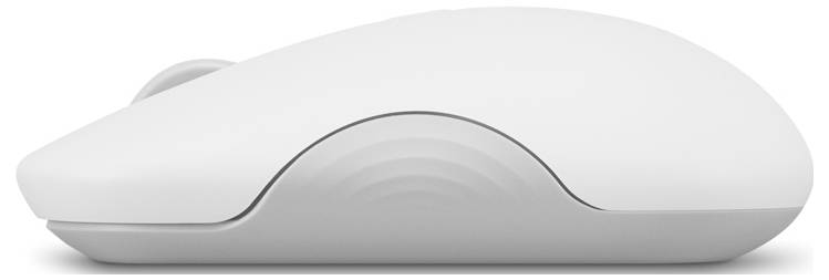 Elegantní, bílá bezdrátová počítačová myš, boční pohled, s minimalistickým designem a ergonomickou křivkou pro pohodlné používání.