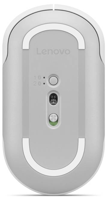 Šedá myš Lenovo s nastavitelným přepínačem DPI, oddílem na baterii a tlačítkem napájení na spodní straně.