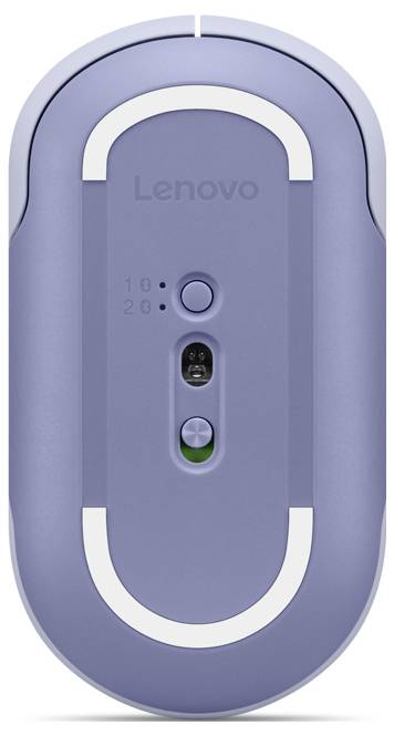 Počítačová myš Lenovo v levandulové barvě s klikacím tlačítkem a číslovaným přepínačem pro různé režimy na spodní straně.