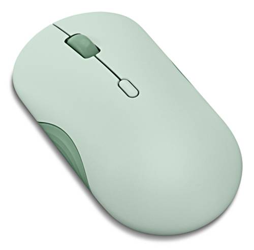 Světle zelená počítačová myš s kolečkem pro posun a dvěma tlačítky, navržená pro ergonomické použití.
