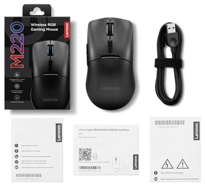 Bezdrátová herní myš Lenovo Legion M220 s RGB osvětlením, balení, kabelem a návodem. Design v matné černé barvě s přizpůsobitelným RGB osvětlením.