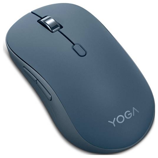 Elegantní, modrá bezdrátová myš s kolečkem pro posuvování, která má v dolním rohu logo značky "Yoga".