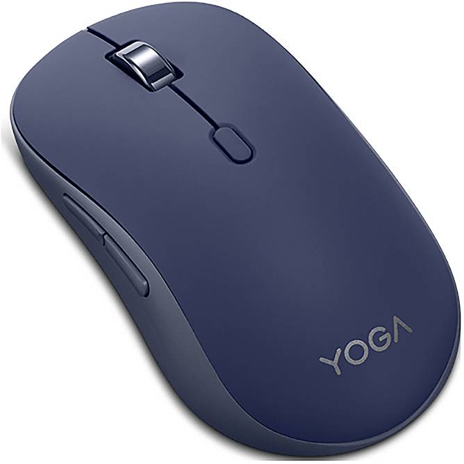Modrá bezdrátová počítačová myš s kolečkem pro posun a bočním tlačítkem, s logem "YOGA" na povrchu.