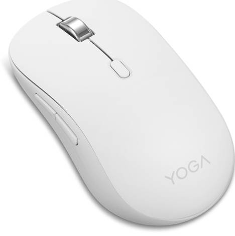 Bílá bezdrátová počítačová myš se scroll kolem a bočním tlačítkem, na jejímž povrchu je vytištěn nápis "YOGA".