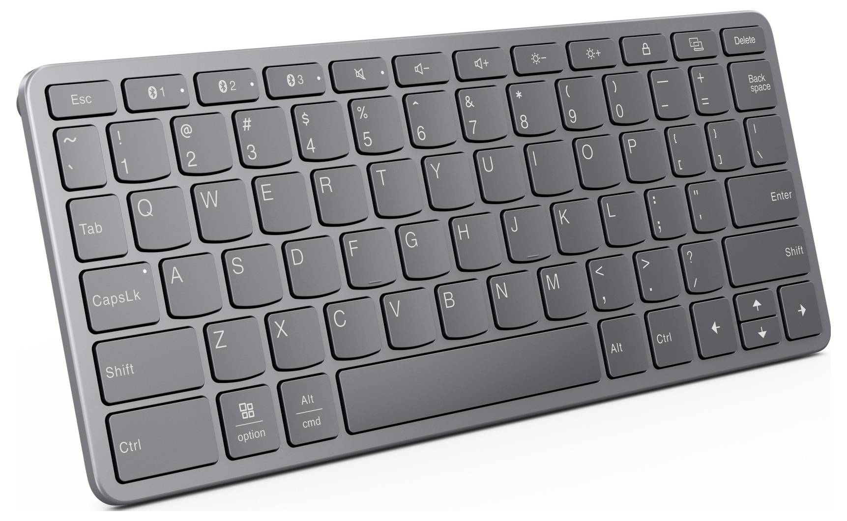 Tenká bezdrátová klávesnice s šedým povrchem, která obsahuje funkční klávesy, standardní rozložení QWERTY a speciálně označené číselné klávesy.
