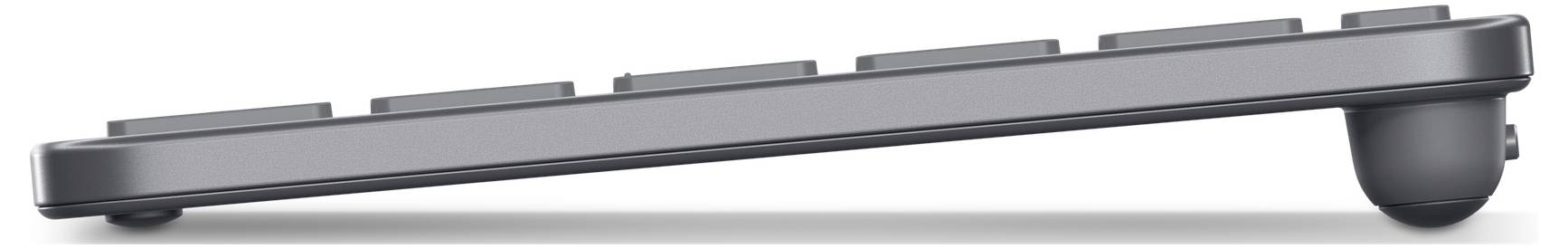 Boční pohled na elegantní, šedou klávesnici s jemně skloněným profilem a kulatými klávesami, což svědčí o ergonomickém designu.