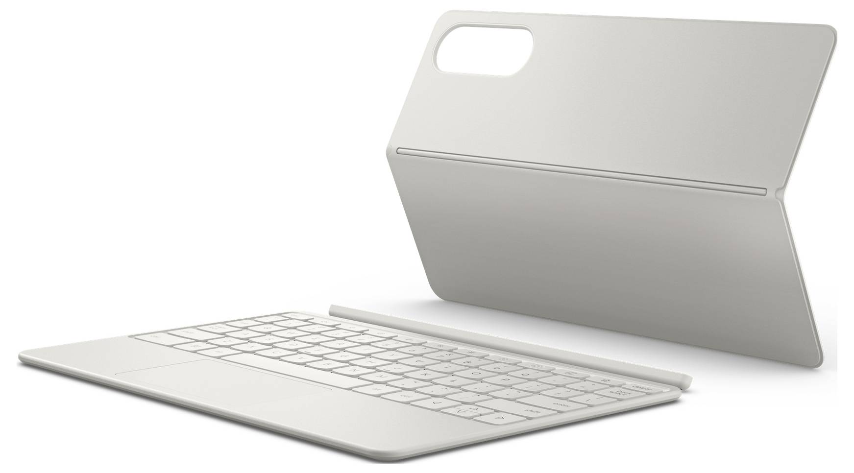 Elegantní, oddělitelná bílá klávesnice s ochranným zadním krytem určená pro tablet nebo podobné zařízení se skládacím stojanem.