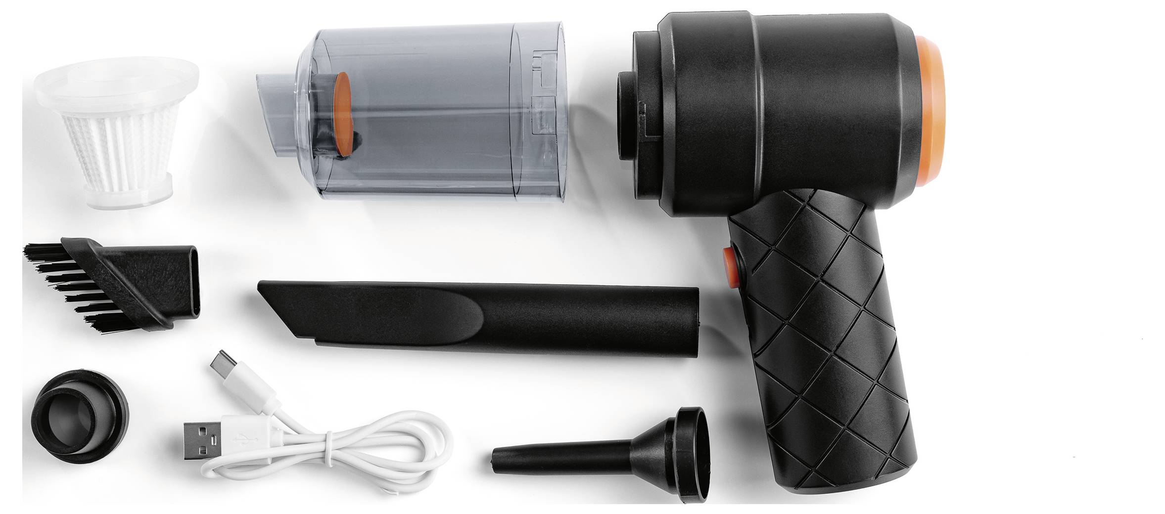 Ruční bezdrátový vysavač s příslušenstvím, včetně filtru, štěrbinového kartáče, kartáče, adaptéru a kabelu pro nabíjení přes USB.