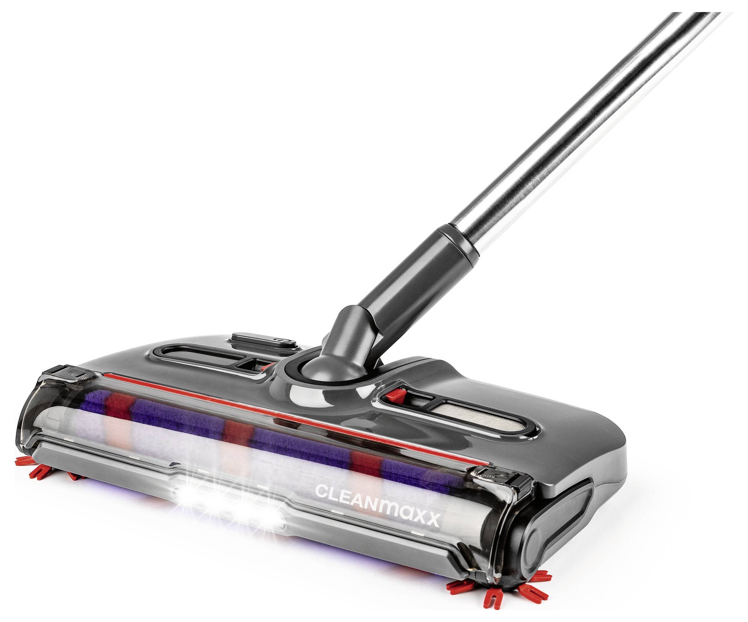 Hlava vysavače s barevnými kartáči a LED světly značky 'Cleanmaxx' na bílém pozadí.