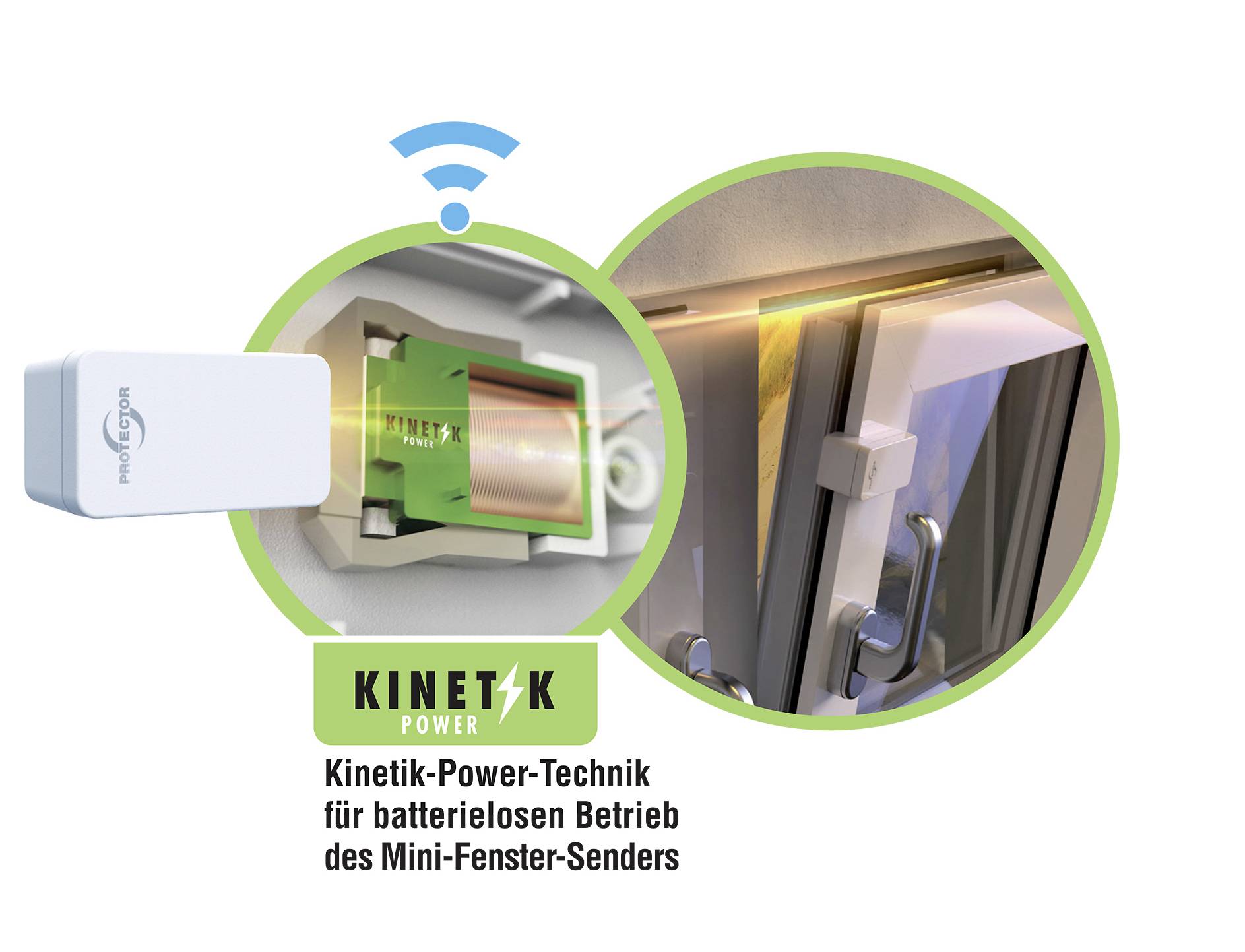 Zařízení s technologií "Kinetik Power" zobrazené na okně, umožňující bezaккумláto­rový provoz miniaturního okenního vysílače.