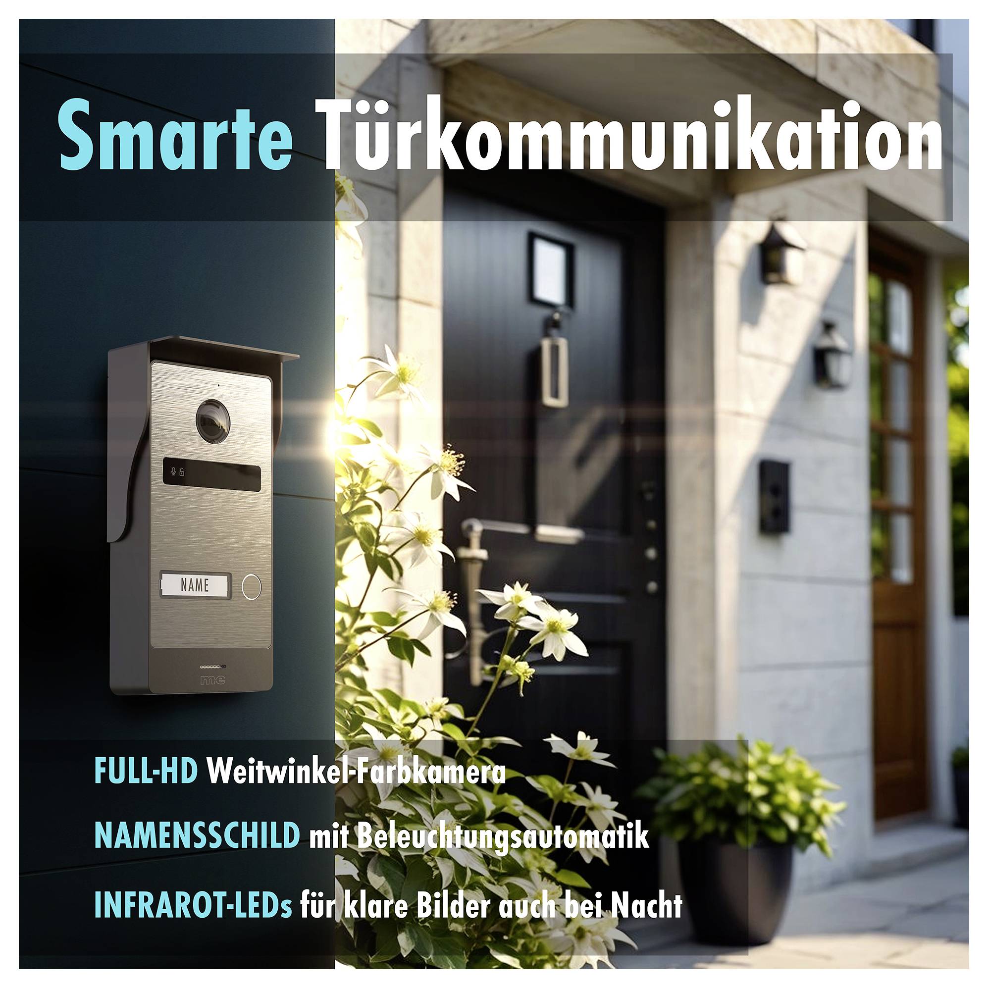 Systém "Inteligentní komunikace u dveří" zobrazený vedle moderních vchodových dveří, obsahující širokouhlou HD kameru, osvětlenou jmenovku a LED diody pro noční vidění.