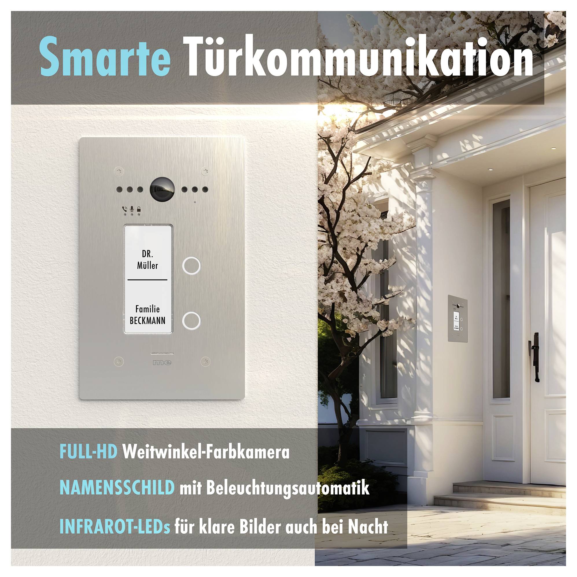 Plakát "Inteligentní komunikace na dveřích" zobrazující videozvonek u vchodu. Uvedené vlastnosti: Kamera Full-HD, osvětlená jmenovka, infračervené LED diody.