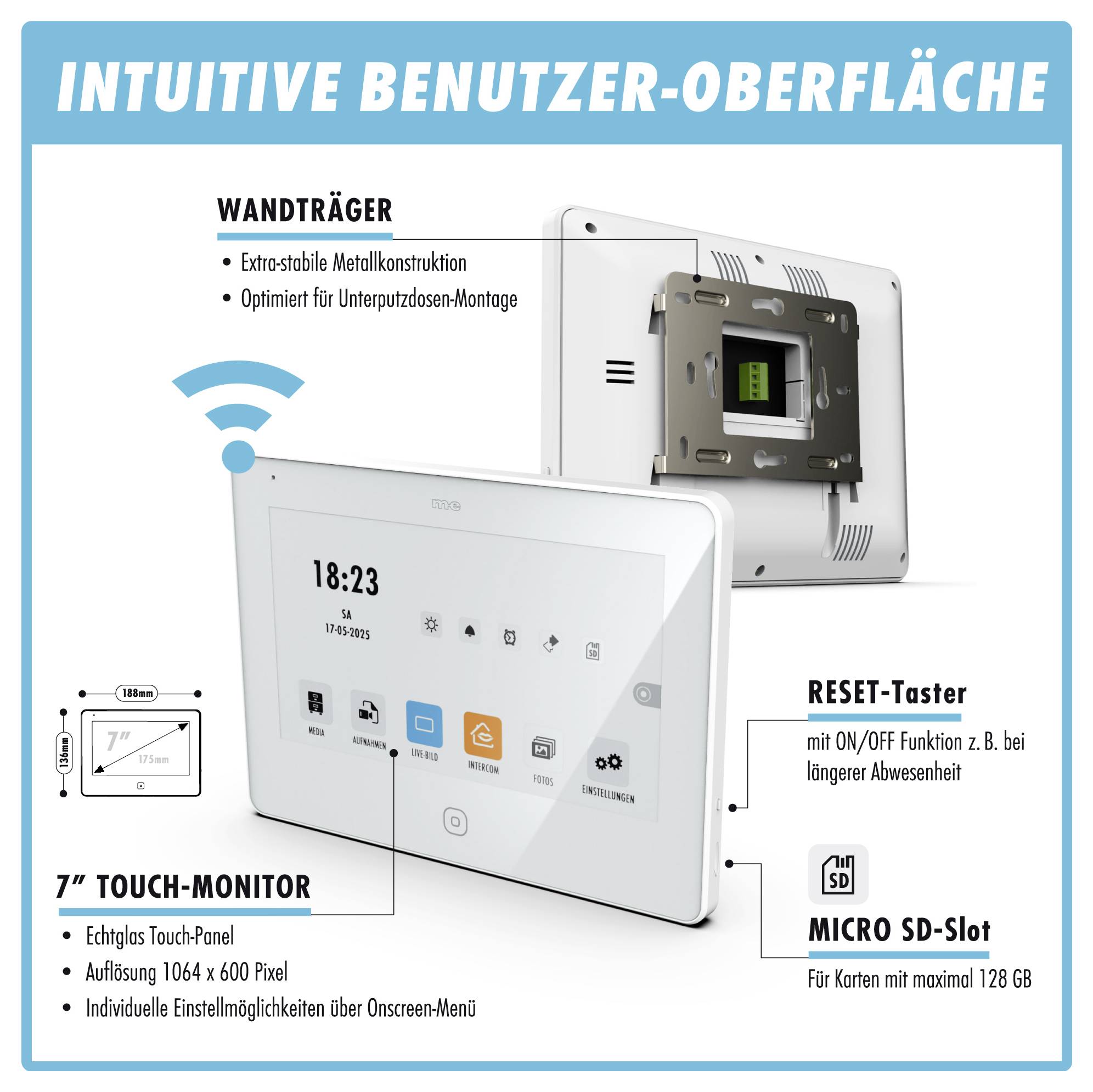 Obrázek představuje "Intuitivní uživatelské rozhraní" pro 7" dotykový monitor s funkcemi, jako je tlačítko reset a slot pro microSD kartu do kapacity 128 GB.