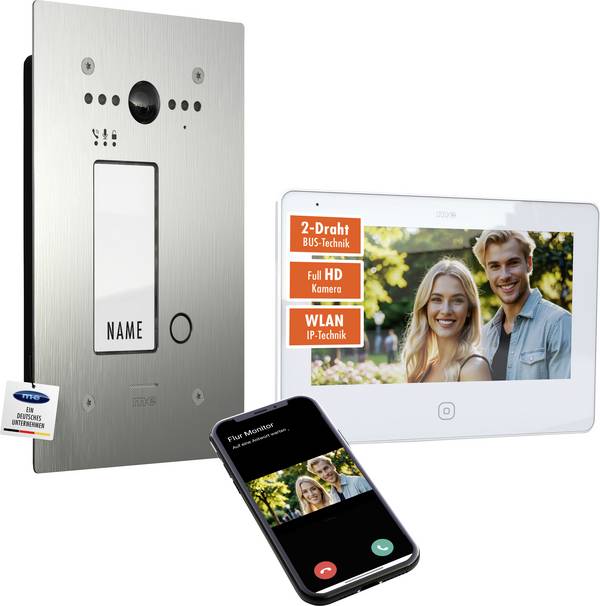 m-e modern-electronics ALL-VF10S-M7W-IPS Wi-Fi, dvoulinkový domovní video telefon nerezová ocel kartáčovaná, bílá, 41507