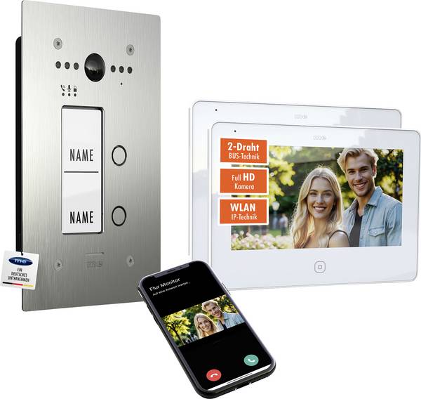 m-e modern-electronics ALL-VF20S-M7W-IPS Wi-Fi, dvoulinkový domovní video telefon nerezová ocel kartáčovaná, bílá, 41508