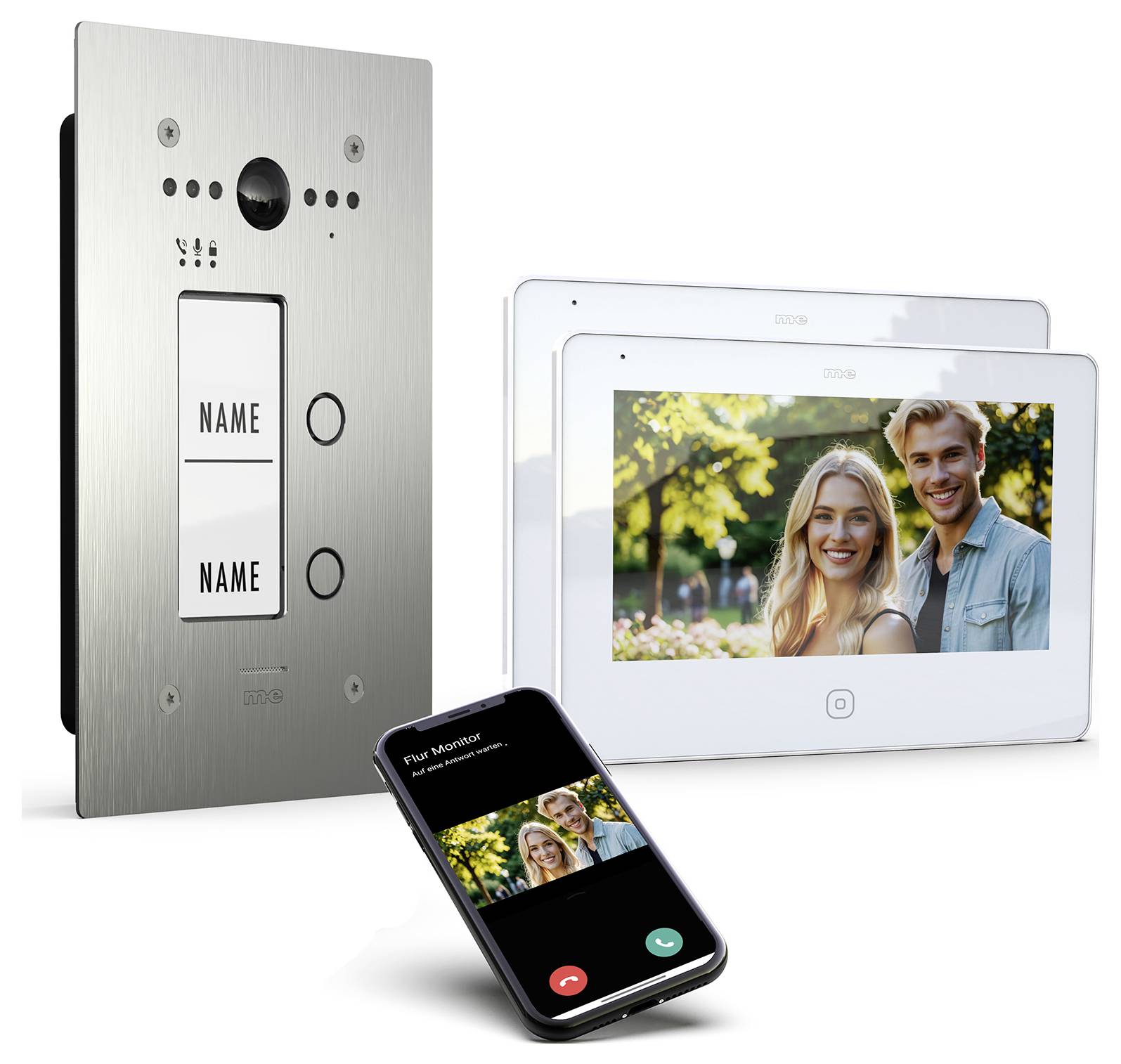 Videozvonek se stanicí na kovových dveřích, dotykovými monitory zobrazujícími osoby venku a smartphonová aplikace zobrazující hovor.