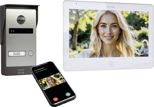 m-e modern-electronics ALL-V10S-M10W-IPS dvoulinkový domovní video telefon 2vodičový převodník, nerezová ocel kartáčovaná, bílá, 41511
