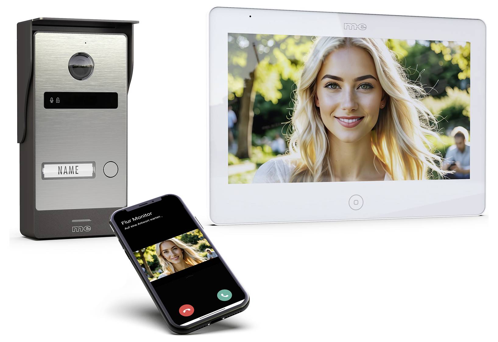 Nastavení interkomového systému: nástěnný interkom s obrazovkou zobrazující ženu, smartphone zobrazující videohovor s jejím obrázkem a centrální zařízení.
