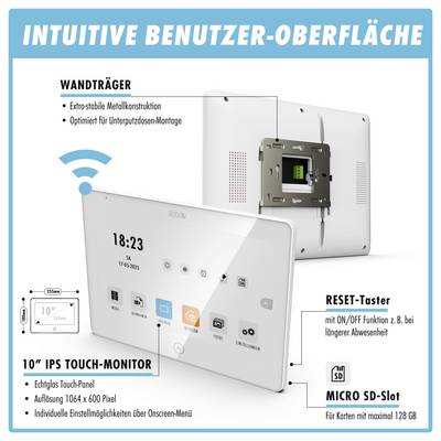 Obrázek ukazuje dotykový monitor s textem "Intuitive User Interface" v němčině a zvýrazňuje funkce, jako je kovová nástěnná montáž, tlačítko reset a slot pro micro SD kartu s kapacitou až 128GB.