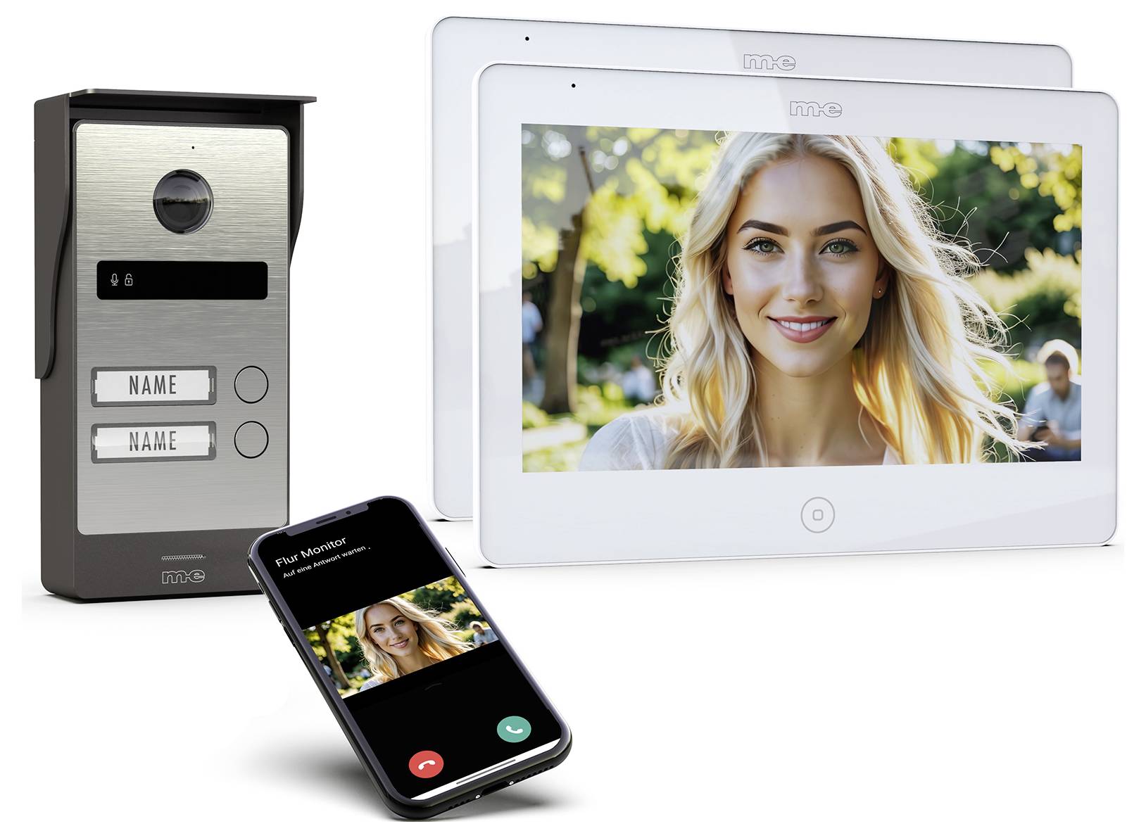 Videozávorový systém zobrazující ženu na dvou monitorech a rozhraní chytrého telefonu s možnostmi volání.