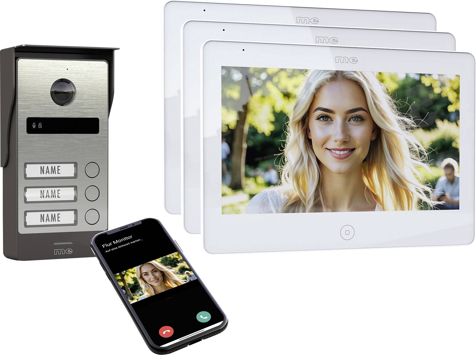 Systém videotelefonu se třemi vnitřními monitory a aplikací pro chytré telefony zobrazující hovor se ženou na jednom z monitorů.