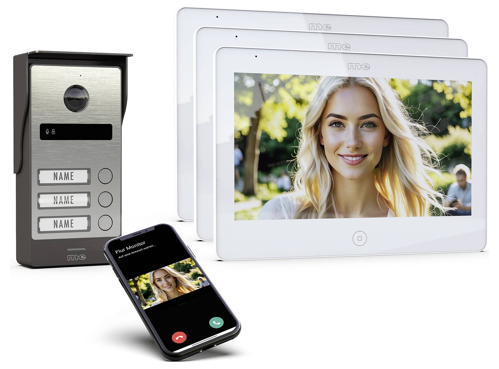 Systém videotelefonu s venkovní jednotkou, vnitřními monitory zobrazujícími obraz osoby a chytrým telefonem zobrazujícím pohled videohovoru.