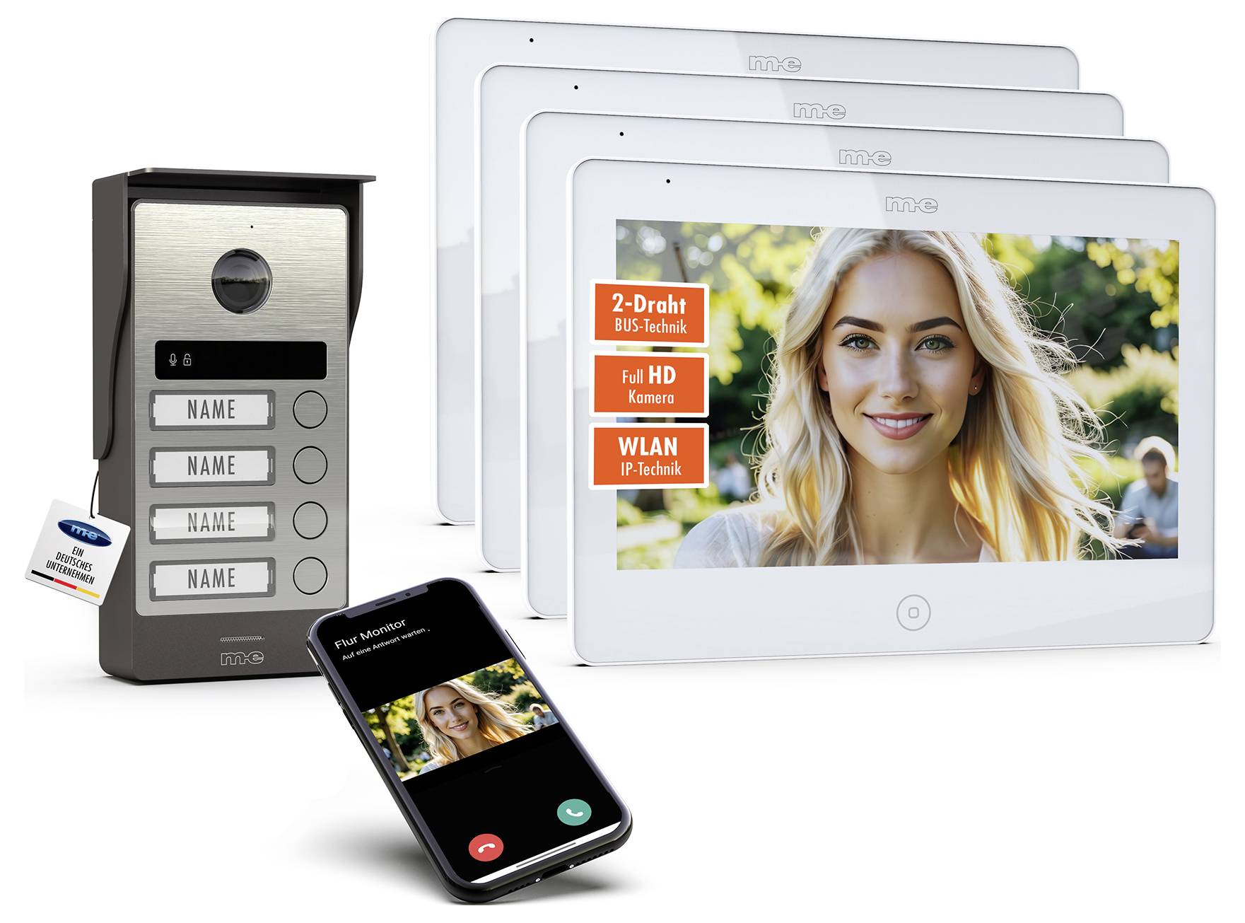 Systém domovního telefonu s venkovní jednotkou, čtyřmi vnitřními monitory zobrazujícími usmívající se ženu a chytrým telefonem ukazujícím video hovor s ní.