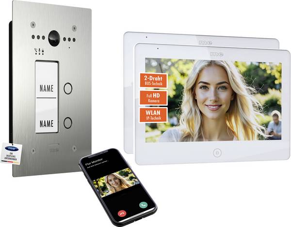 m-e modern-electronics ALL-VF20S-M10W-IPS dvoulinkový, Wi-Fi domovní video telefon 2vodičový převodník, nerezová ocel, bílá, 41517