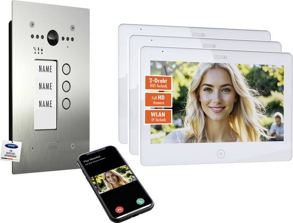 m-e modern-electronics ALL-VF30S-M10W-IPS dvoulinkový, Wi-Fi domovní video telefon 2vodičový převodník, nerezová ocel, bílá, 41518
