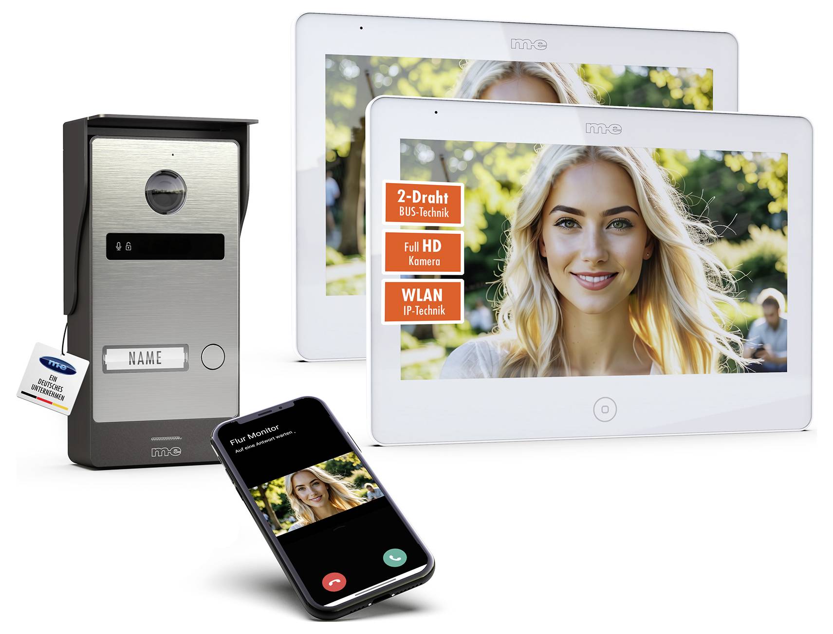 Interkom systém s obrazovkami zobrazujícími usmívající se ženu. Zahrnuje chytrý telefon zobrazující rozhraní videohovoru. Štítky zvýrazňují funkce: 2vodičový, HD kamera, Wi-Fi IP technologie.