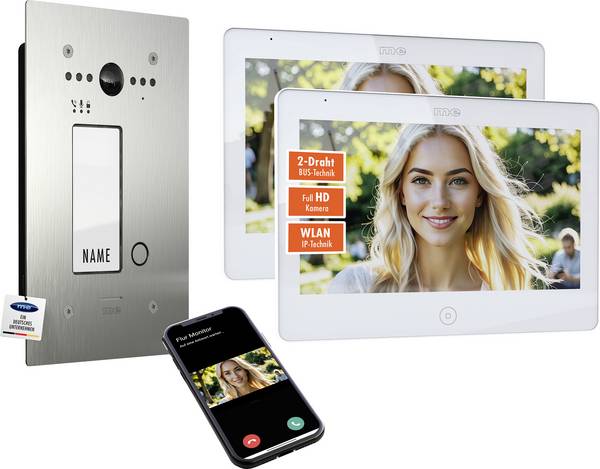 m-e modern-electronics ALL-VF10S-2M10W-IPS dvoulinkový, Wi-Fi domovní video telefon vnitřní jednotka, stříbrná, bílá, 41534