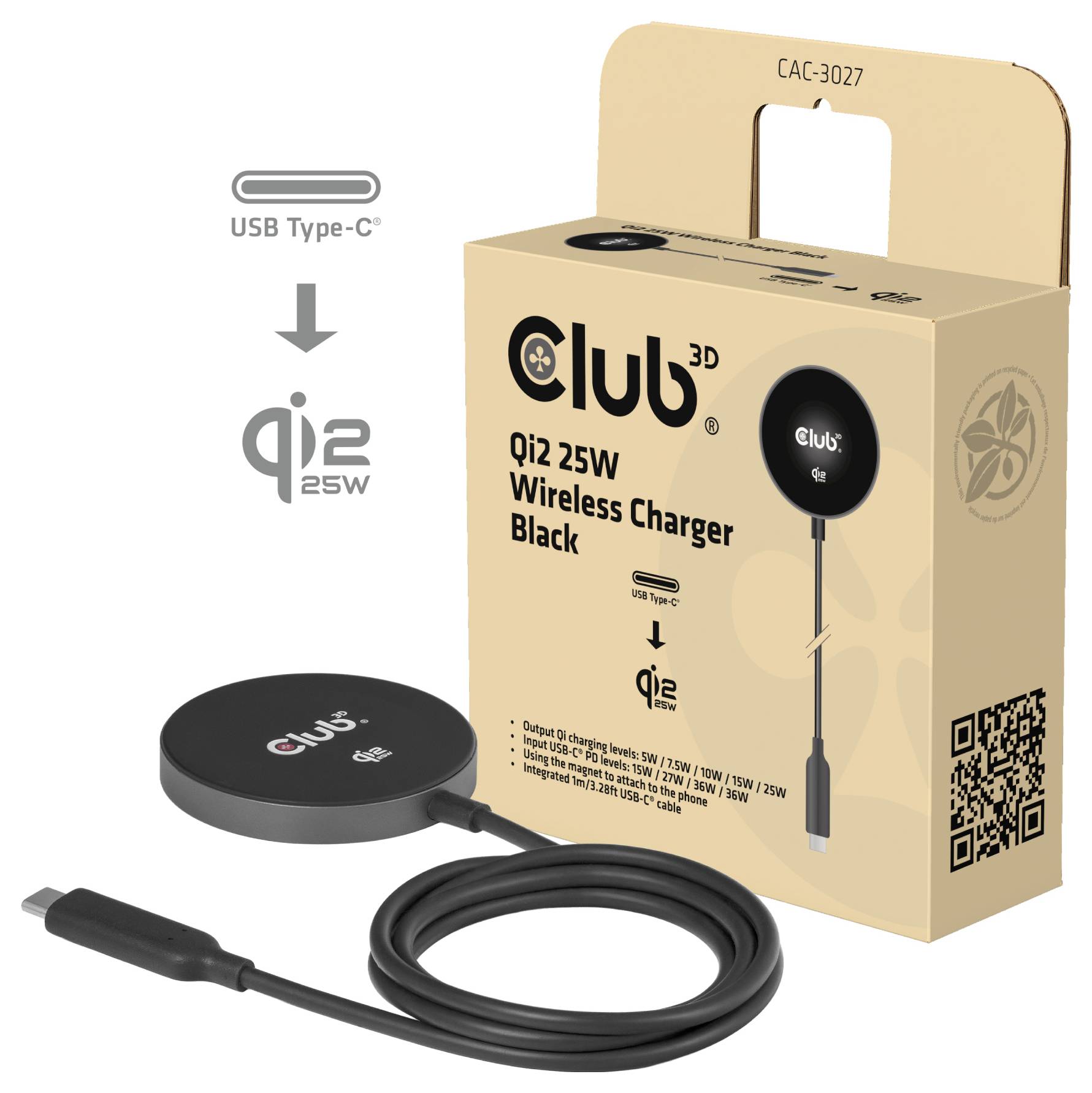 Balení pro bezdrátovou nabíječku 'Club 3D' Qi2 25W v černé barvě. Obsahuje připojení USB Type-C, logo Qi2 a obrázek produktu na krabici.