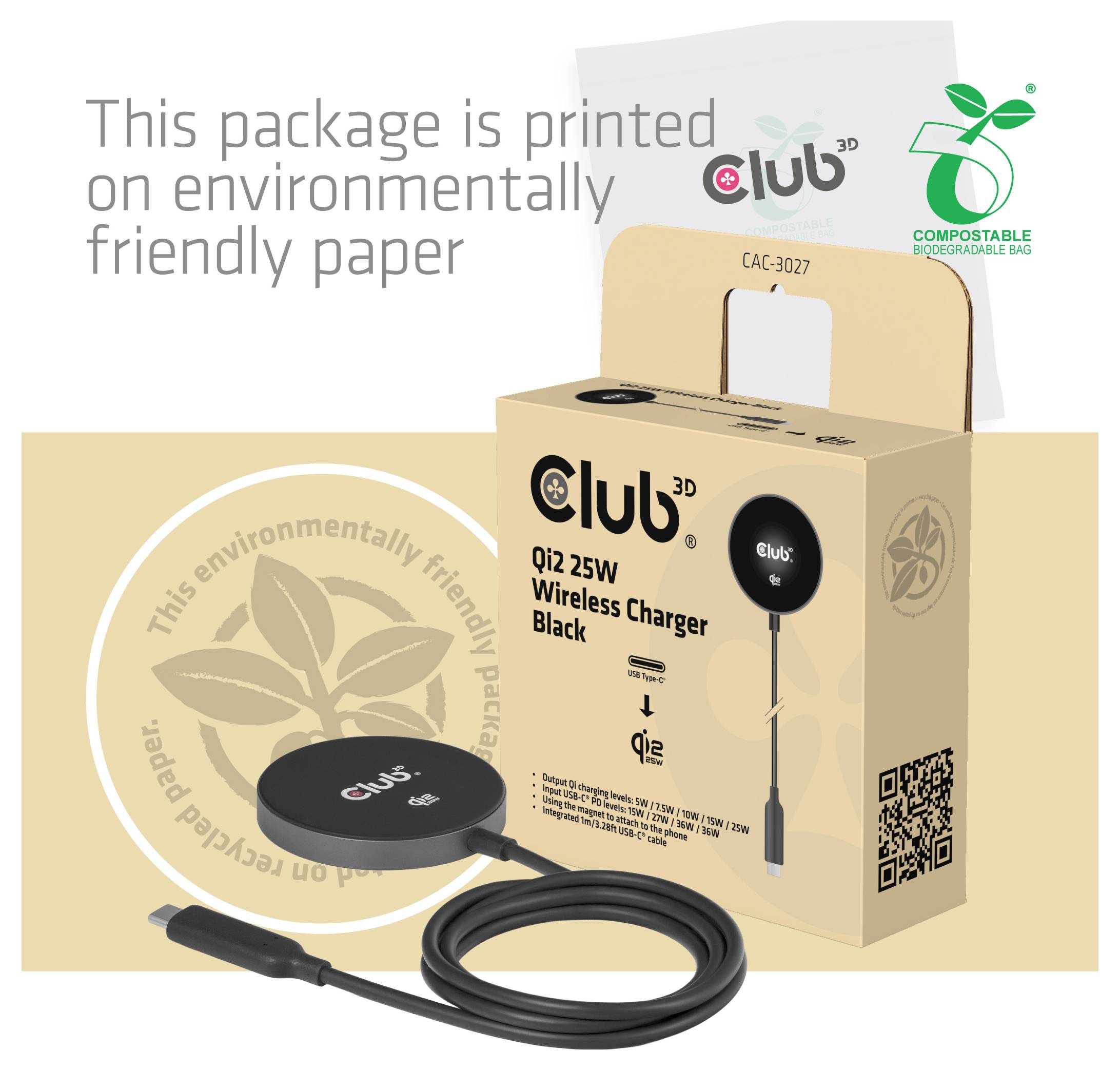 club3D bezdrátová indukční nabíječka 25 W Qi2 USB-C 25Wa CAC-3027 Výstup Qi standard černá-8