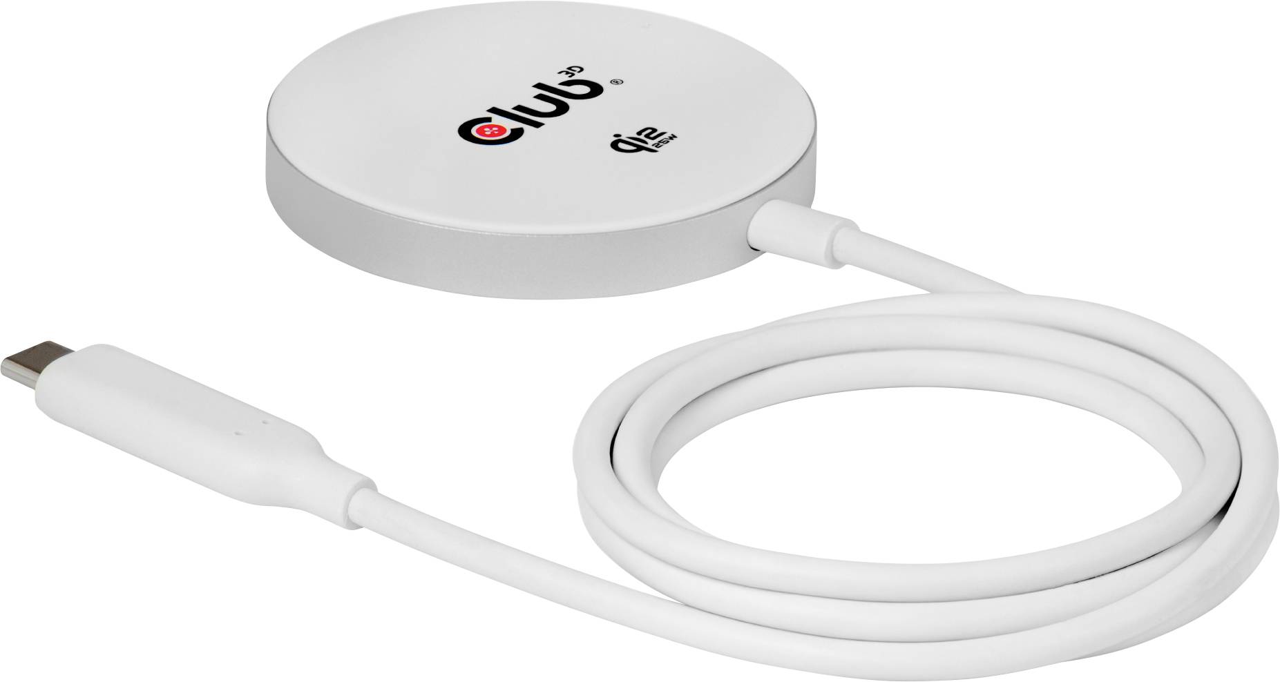 Kulatá bílá bezdrátová nabíječka s připojeným kabelem USB-C. Povrch nabíječky zobrazuje logo a podporuje bezdrátové nabíjení „Qi".