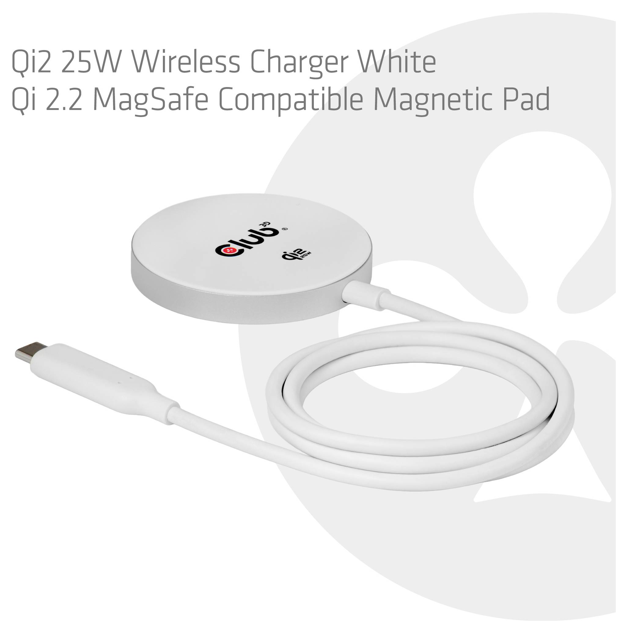 club3D bezdrátová indukční nabíječka 25 W Qi2 USB-C 25Wa CAC-3026 Výstup Qi standard bílá-2