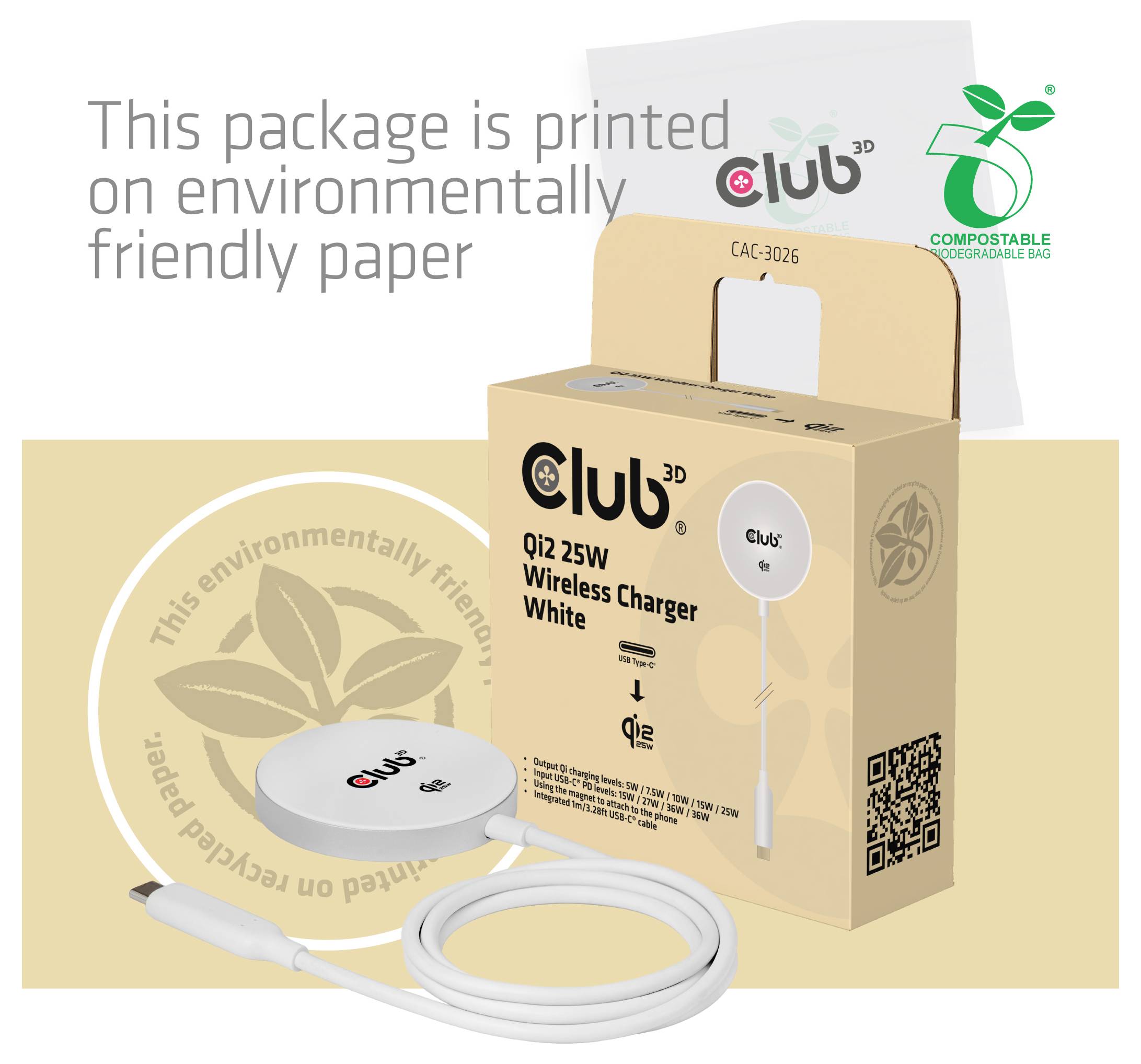 club3D bezdrátová indukční nabíječka 25 W Qi2 USB-C 25Wa CAC-3026 Výstup Qi standard bílá-8