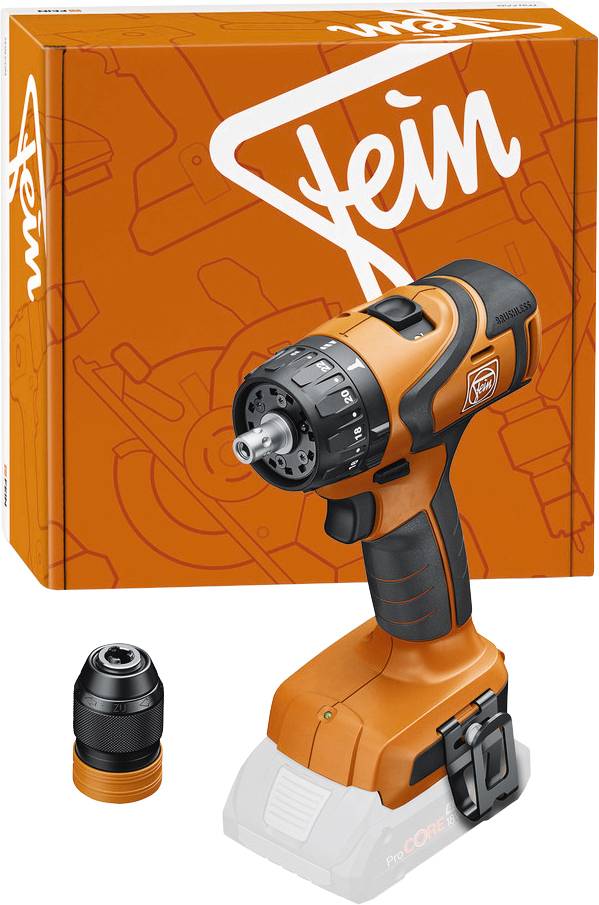 Oranžová bezdrátová elektrická vrtačka s patronem na baterii, nastavitelnými nastaveními a dodatečným bitem. V pozadí je obalování se značkou.