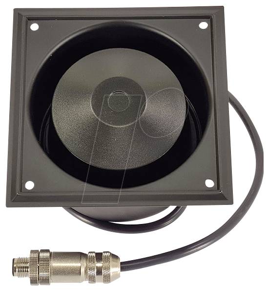 Černý, čtvercový ventilátor s kulatým středem a připojeným kabelem, který má na konci kovový konektor.