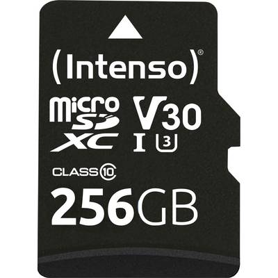 Paměťová karta „Intenso" microSDXC 256GB, třída 10, V30, UHS-I U3, s černým pozadím a bílým textem.