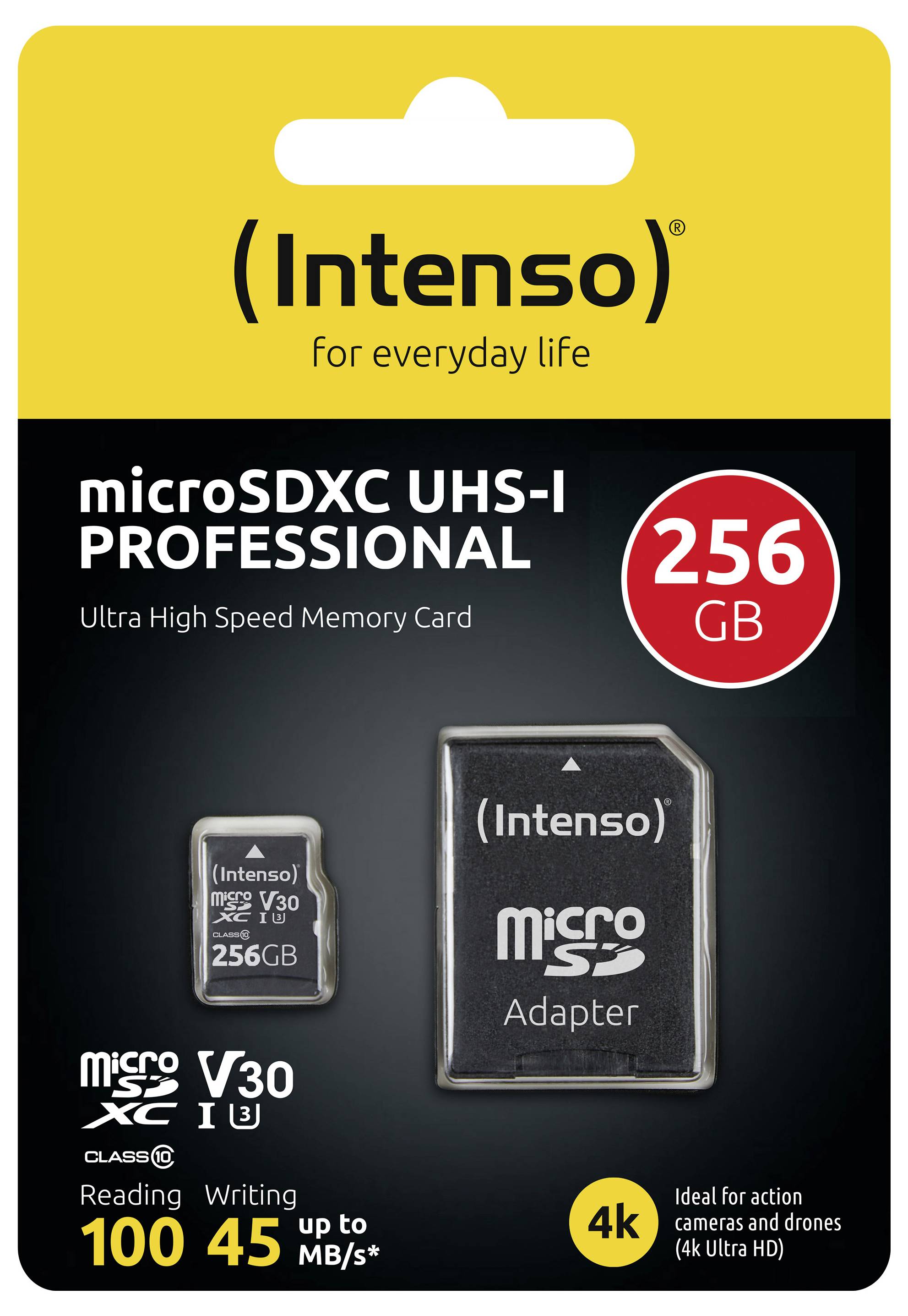 Paměťová karta Intenso microSDXC UHS-I Professional 256 GB s adaptérem, ideální pro akční kamery a drony, až 100 MB/s čtení, 45 MB/s zápis.