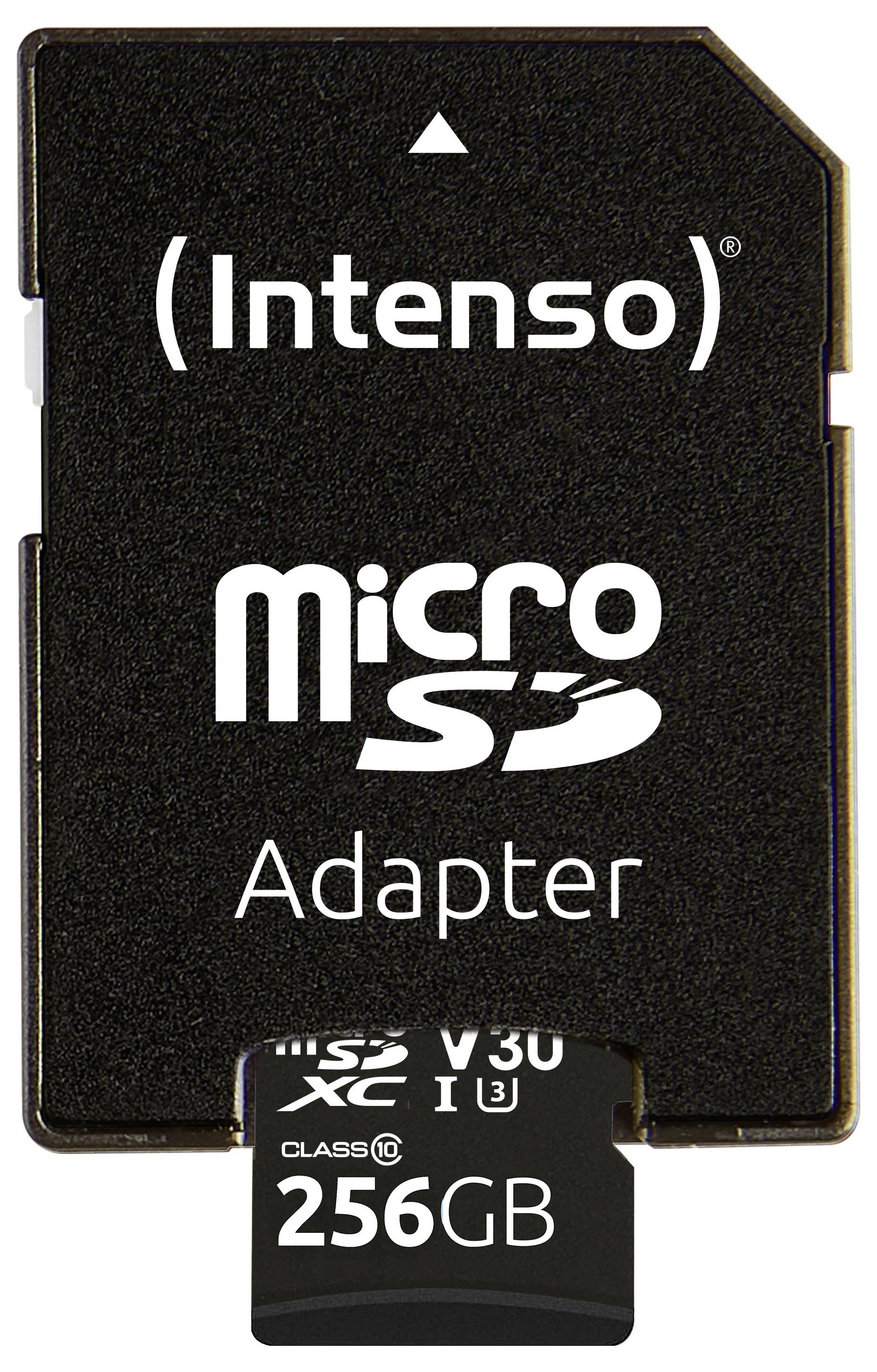 Paměťová karta „Intenso" microSD o kapacitě 256 GB s adaptérem. Vhodná pro zařízení vyžadující formát microSDXC, třída 10, V30, UHS-I.