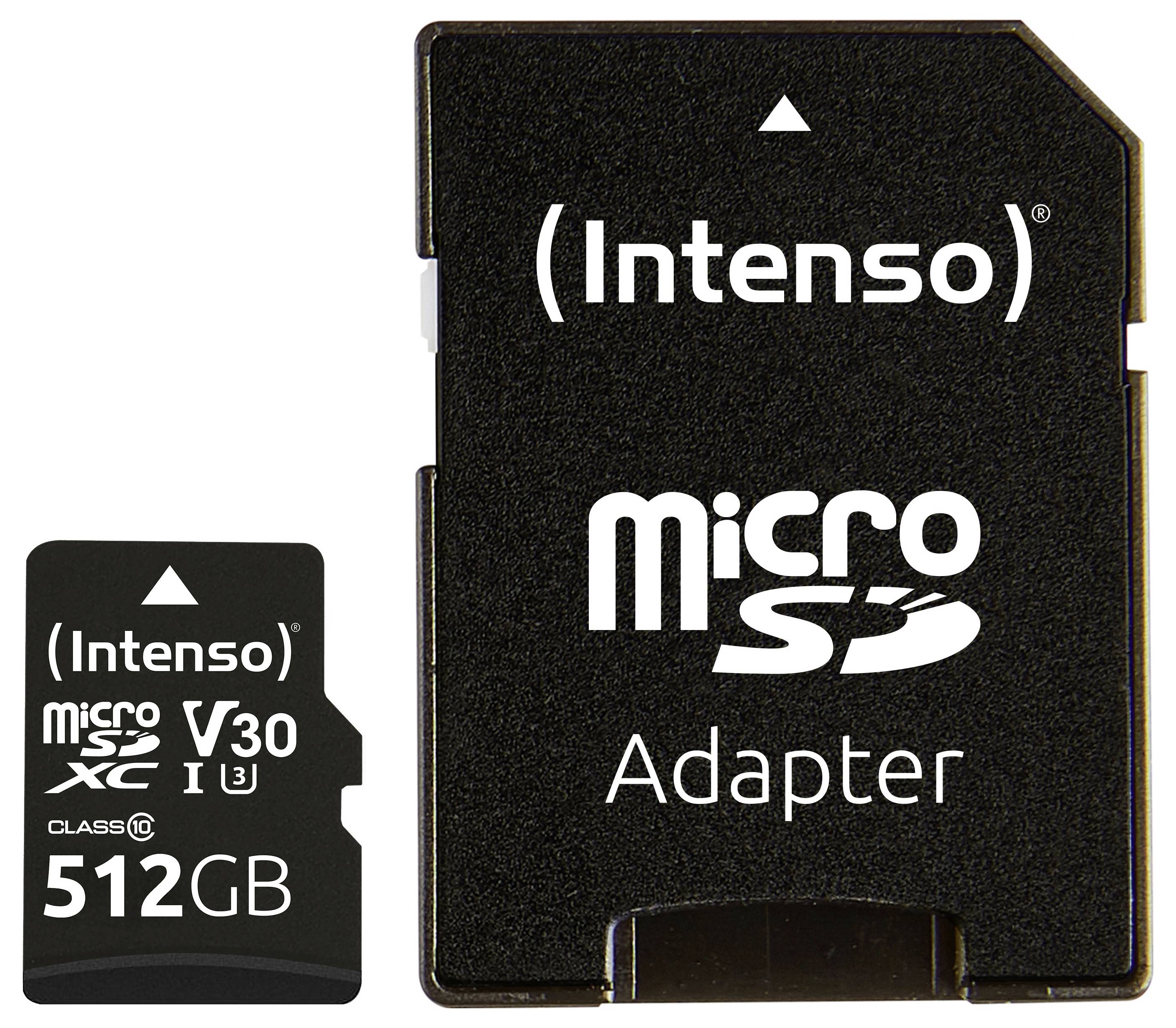 'Karta Intenso 512GB microSD vedle adaptéru, vybavená specifikacemi V30, třída 10 pro rozšířenou paměť a kompatibilitu.'