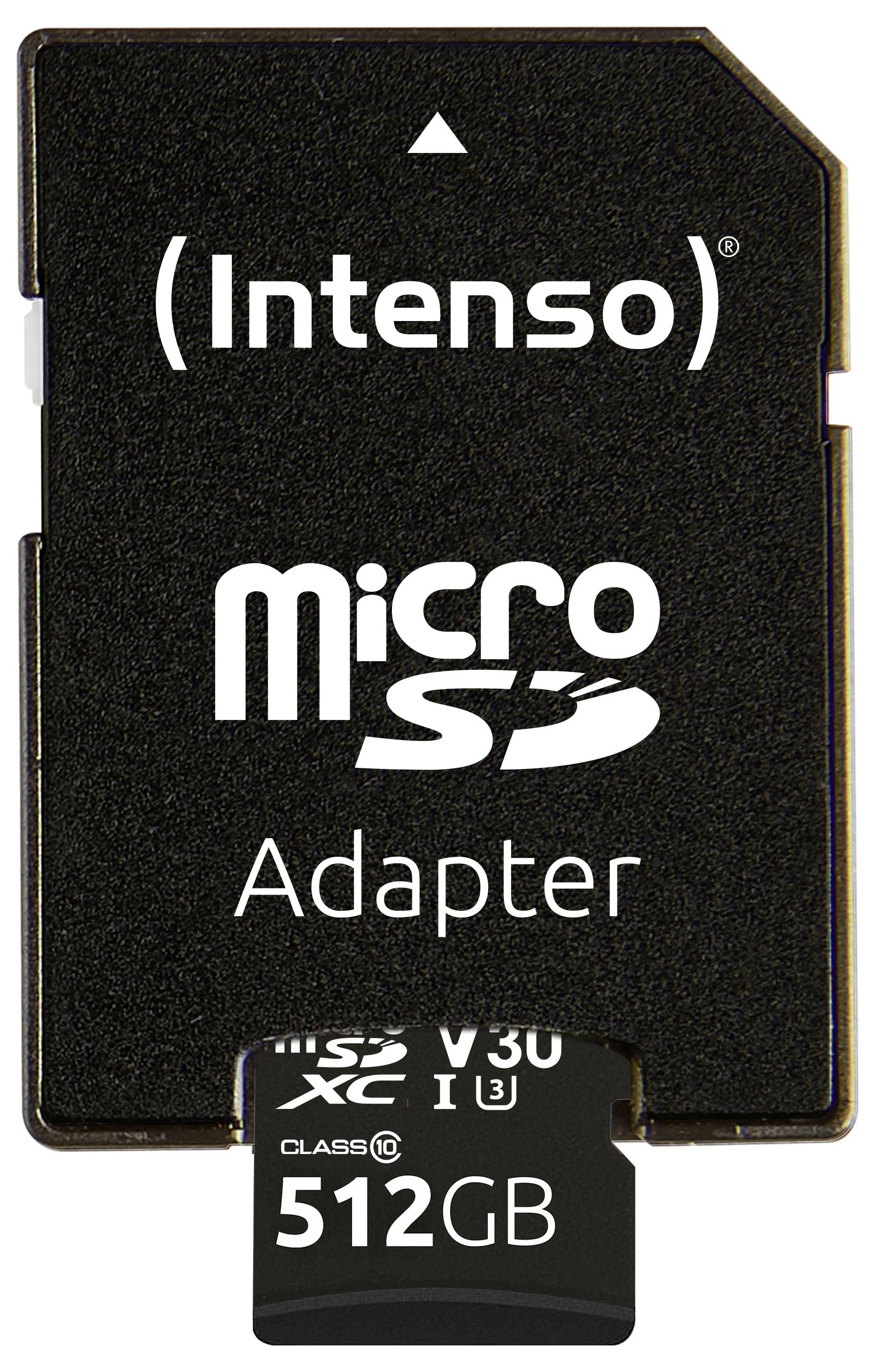 Adaptér microSD karty značky 'Intenso' s vloženou kartou microSD o kapacitě 512GB; označen jako Class 10, UHS-I U3, V30, A1.